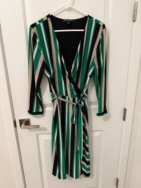 INC International Concepts Green Black Cream Striped Wrap Dress